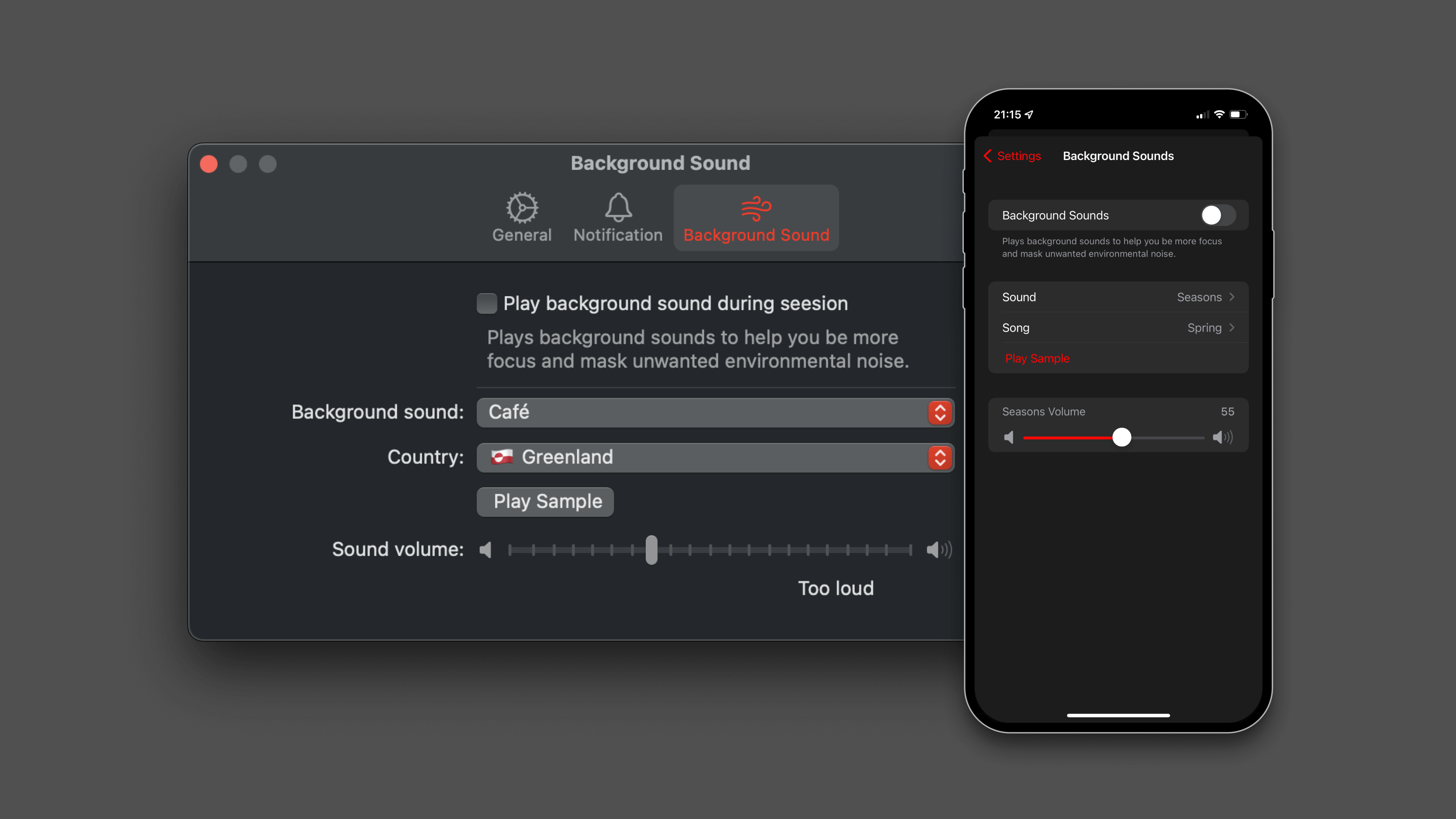 Screenshots of backgound sound options.